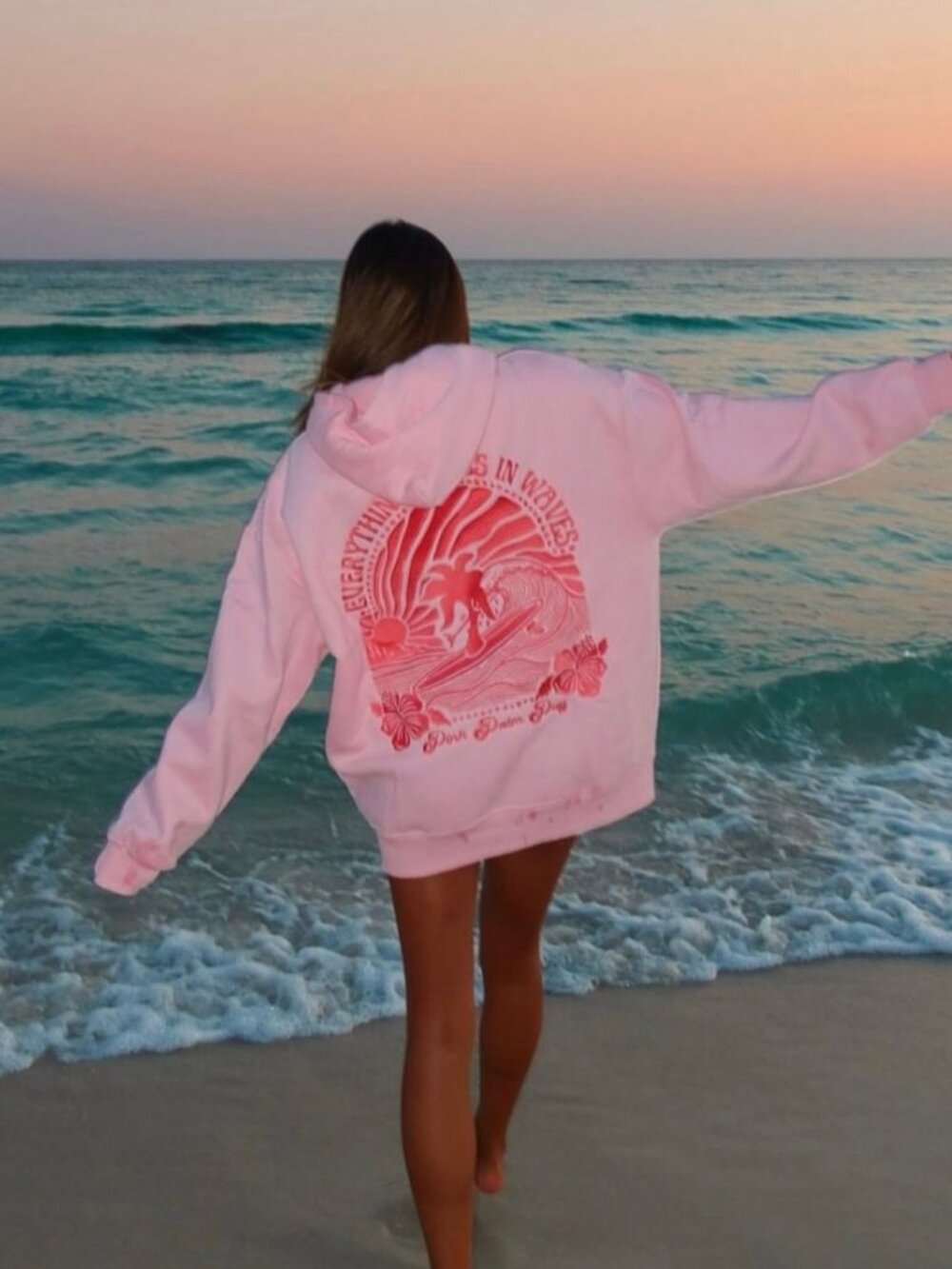 Pink Graphic Hoodie Sweatshirt - Palm Tree Surf Design - Picture 2 of 8